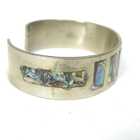 Cuff Bracelet Abalone Mother of Pearl Inlay Vintage Mexico Silver - Picture 4 of 9